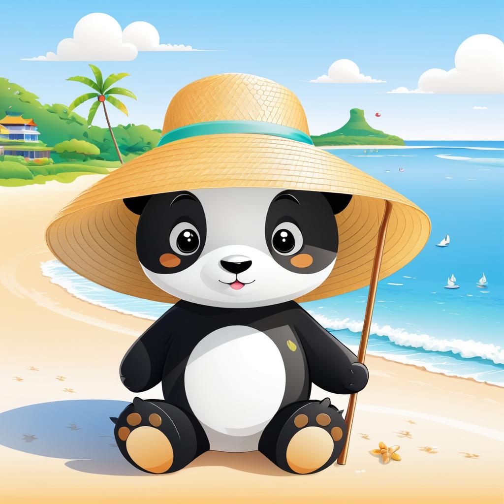 Panda in Straw Hat at the Beach