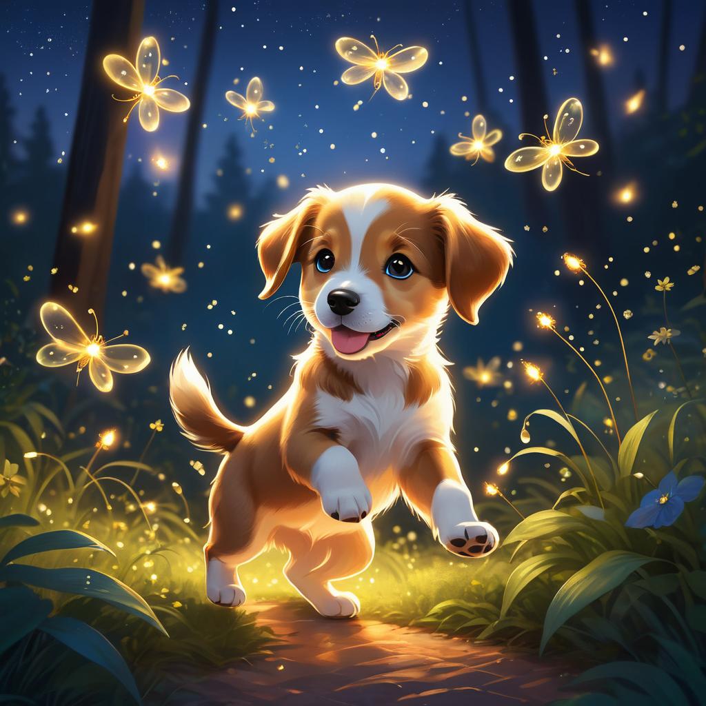 Joyful Puppy Playing with Fireflies