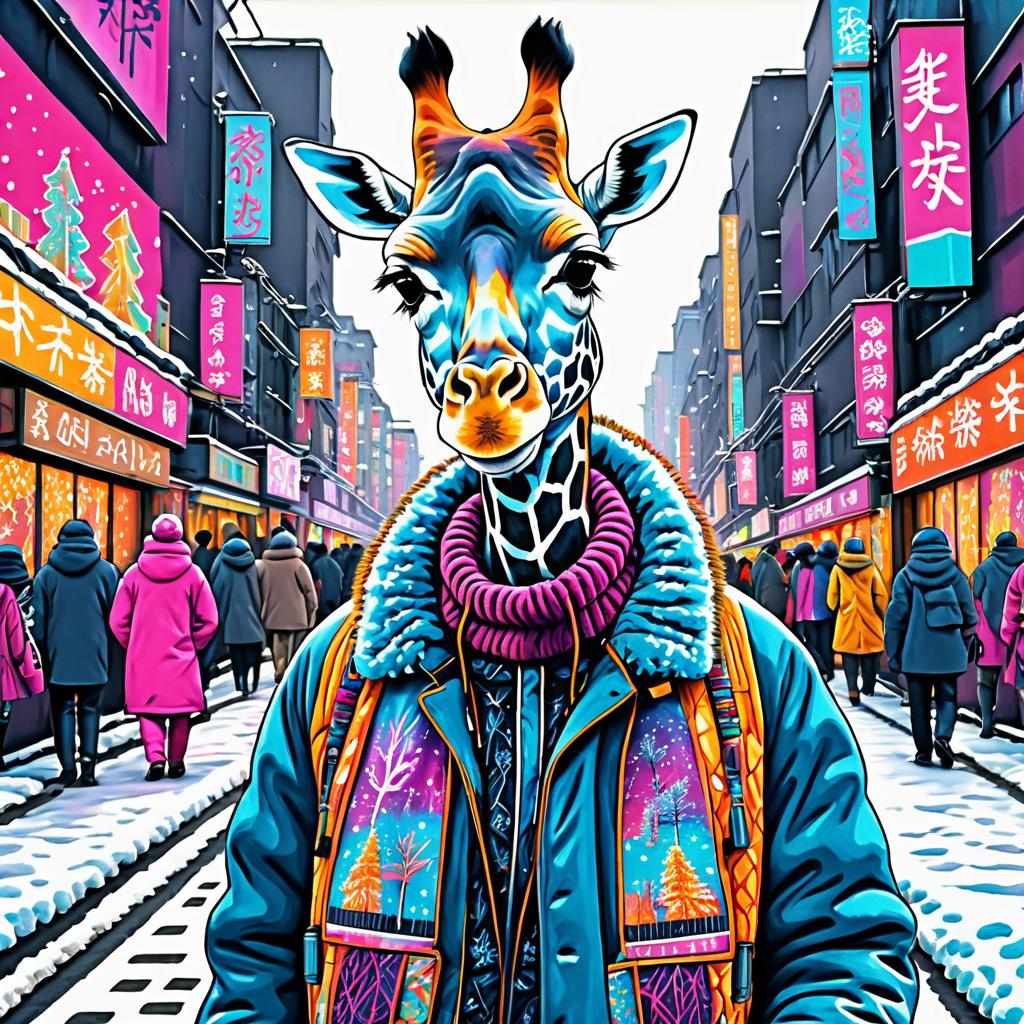 Vibrant Giraffe in Cyberpunk Japan