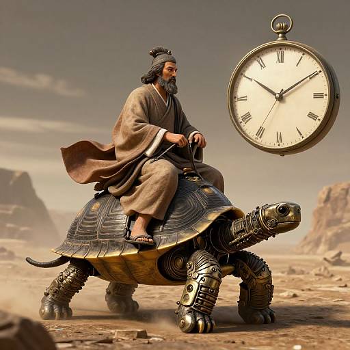 Photorealistic CGI: Bearded man in brown robe rides armored turtle across desert, with floating vintage pocket watch in the background.