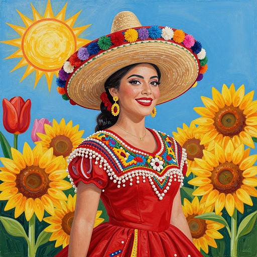 Colorful digital painting of a smiling Latina woman in a red dress with embroidered sleeves, straw hat adorned with flowers, standing in a sunflower field under