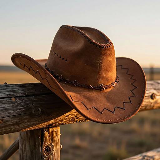 Photograph of a brown leather cowboy hat with black stitching, resting on a weathered wooden fence at sunset in a dry, grassy landscape.
