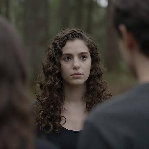 Young Woman in Forest with Blurred Figure