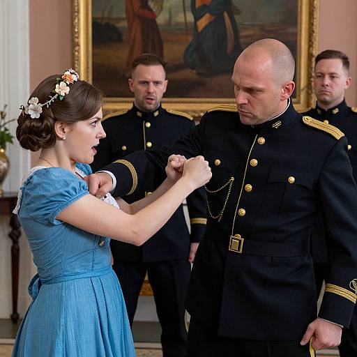 Photograph of a formal ceremony: a woman in a blue dress with a floral headpiece adjusts the uniform of a bald, stern-looking man in a