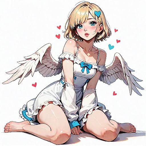 Anime-style digital drawing of a blonde, blue-eyed angel girl with white wings, wearing a white dress with blue bows, sitting barefoot on the ground