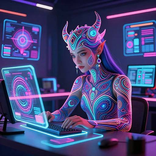 Digital art: Neon-lit elf woman with intricate glowing patterns, horned crown, and long purple hair, typing on a glowing laptop in a futuristic