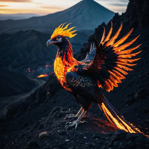 Fiery Phoenix in Volcanic Mountain Landscape