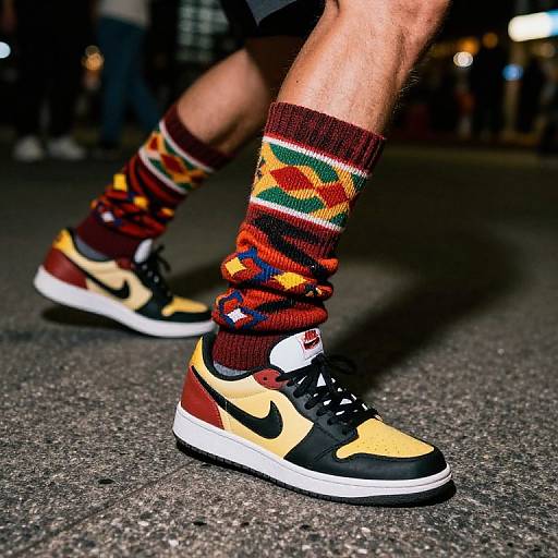 Photograph of legs wearing colorful, patterned socks and yellow-black Nike sneakers, standing on a dark, textured street at night.