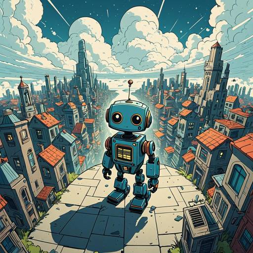 Small Robot Overlooking Floating City