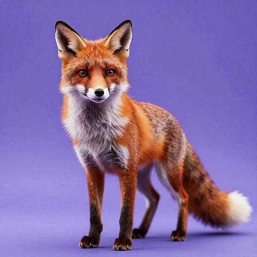 Photorealistic CGI of a red fox with vivid orange fur, white chest, and black ears, standing against a solid purple background.