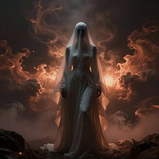 Mysterious ghostly figure in a flowing, translucent dress stands before a fiery, smoky sky, creating a dramatic, eerie atmosphere. Digital art.