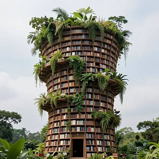 Photograph of a cylindrical, multi-story building covered in lush greenery and plants, with numerous windows, set in a tropical forest.