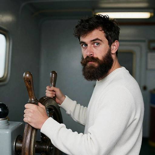 Intense Bearded Man at Ship's Wheel