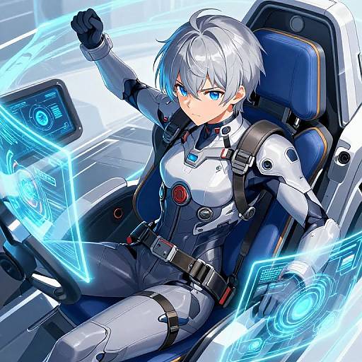 Anime-style digital artwork of a silver-haired, blue-eyed female cyborg in a white and black suit, raising her arm in a futuristic chair, surrounded