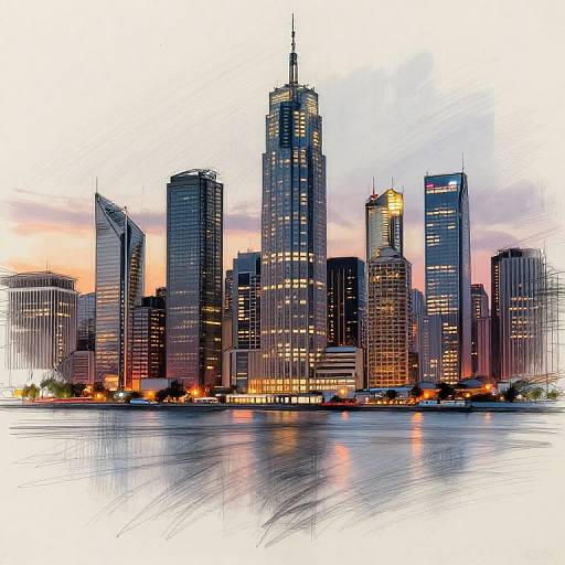 Photograph of a vibrant cityscape at dusk, featuring a skyline of illuminated skyscrapers with reflections in a calm river.