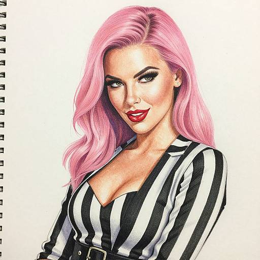 Digital illustration of a sexy woman with pink hair, red lipstick, and black-and-white striped shirt, showing cleavage, smiling confidently.