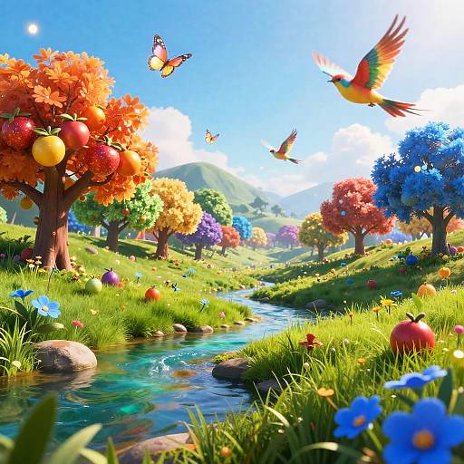 Fantasy Landscape with Colorful Trees and Wildlife