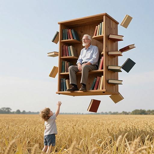 Photograph: Elderly man in blue shirt sitting in floating wooden bookshelf, surrounded by flying books, above young child in wheat field.