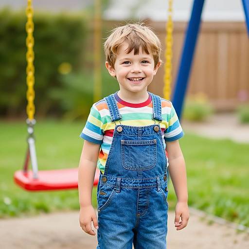 Photograph of a smiling young boy with light brown hair, wearing blue denim overalls and a striped shirt, standing in a grassy backyard with a