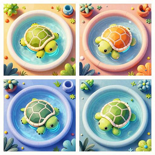 Digital illustration of four colorful, cartoon-style sea turtles in inflatable pools, each with unique water colors and surrounding playful aquatic toys.