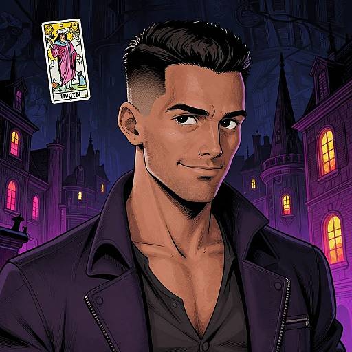 Digital comic-style portrait of a muscular, dark-haired man with a confident smile, wearing a black jacket, against a dark, Gothic cityscape with glowing