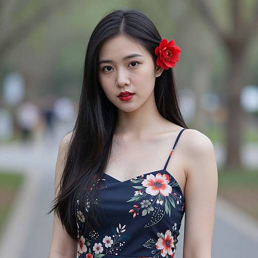 Photograph of an Asian woman with long black hair, red flower in hair, wearing a black floral dress, standing outdoors on a blurred pathway.