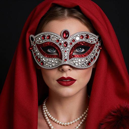Photograph of a fair-skinned woman with blue eyes, wearing a jeweled red and silver masquerade mask, red veil, pearl necklace,