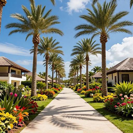 Photograph of a sunny suburban neighborhood with a concrete pathway lined with tall palm trees and colorful flowerbeds, flanked by beige houses with brown roofs