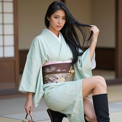 Photograph of an Asian woman with long black hair, wearing a light green kimono with a brown floral obi, black knee-high boots, sitting