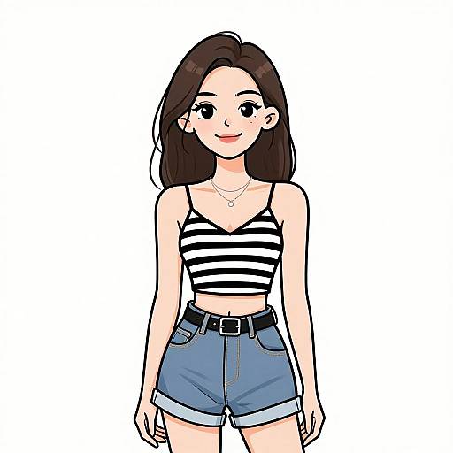 Digital anime-style drawing of a smiling young woman with long brown hair, wearing a black-and-white striped crop top and blue denim shorts, against a plain