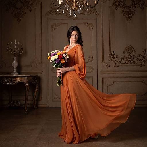 Photograph of a dark-haired woman in a flowing, orange gown holding a vibrant bouquet, standing in an ornate, dimly-lit room with