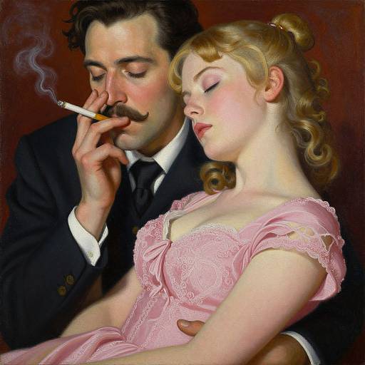 Digital painting of a mustached man in a suit smoking, embracing a blonde woman with closed eyes in a pink lace dress.