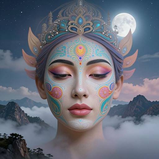 Digital artwork of an ethereal woman with intricate blue and orange face paint, closed eyes, ornate crown, moonlit mountainous background.