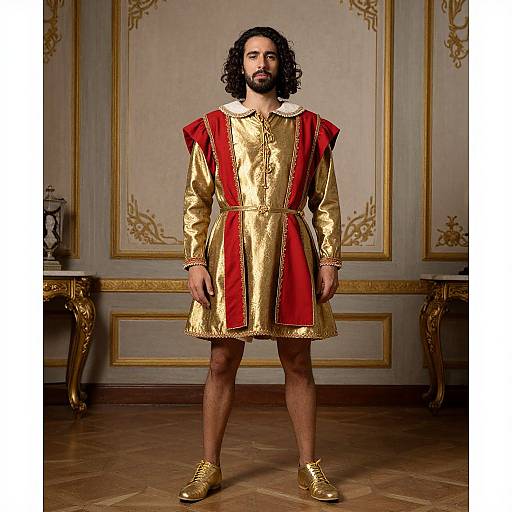 Photograph of a bearded man with long curly hair, wearing a gold and red medieval-style tunic with white collar, and gold boots, standing