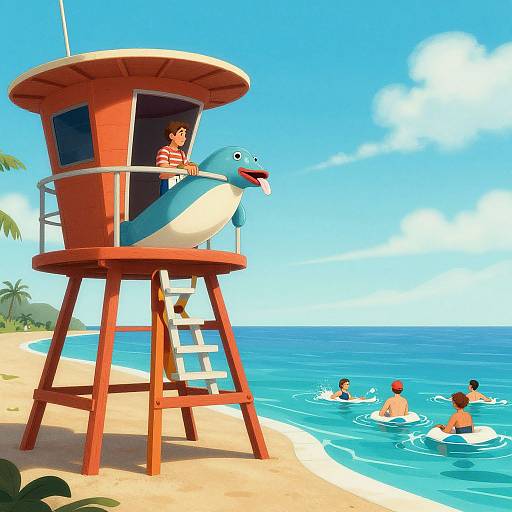 Digital illustration of a lifeguard tower with a man and a blue-and-white seagull, overlooking a sunny beach with swimmers.