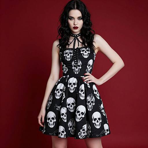 Photograph of a pale-skinned woman with black curly hair, wearing a black skull-print dress, red lipstick, and a black choker, against