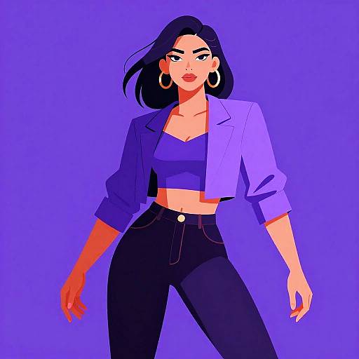 Digital illustration of a confident woman with black hair, wearing a blue crop top, purple jacket, and black high-waisted pants, against a solid