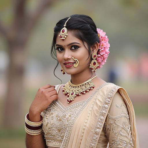 Photograph of a beautiful Indian woman with dark hair adorned with pink flowers, wearing intricate gold jewelry and a cream-colored embroidered saree, standing outdoors with