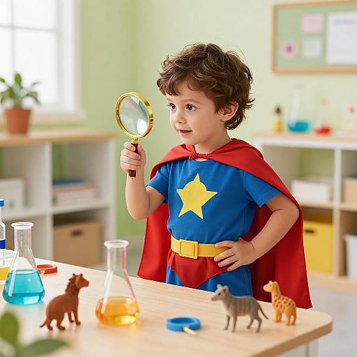 Photograph of a young boy with curly brown hair, wearing a Superman costume, examining toys and beakers with a magnifying glass in a bright,