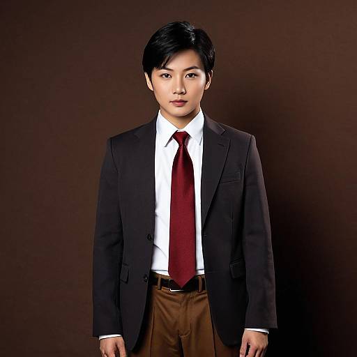 Asian man in formal suit with red tie