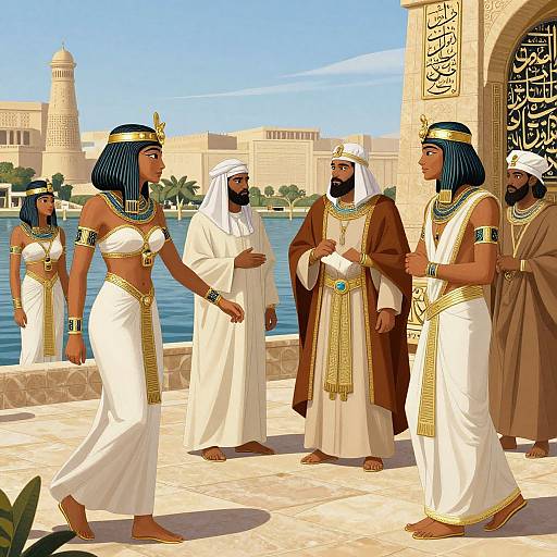 Digital illustration of ancient Egyptian royal group in white and brown traditional attire, adorned with gold jewelry, standing by a blue river, with ornate stone architecture