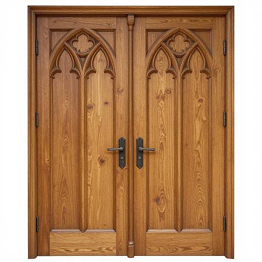 Photograph of ornate, wooden double doors with Gothic arch designs, rich brown grain, and black metal handles set against a plain white background.