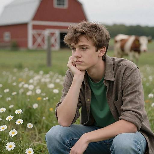 Pensive Young Man in Daisy Field