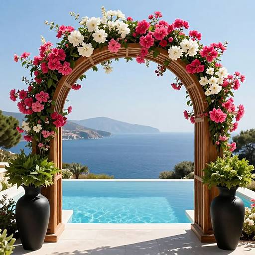 Photograph of a wooden arch adorned with pink and white flowers, framing a blue ocean view and a clear pool, with black vases on either side