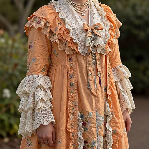 Photograph of a person wearing an orange, Victorian-style dress with lace ruffles, floral embroidery, and layered white lace cuffs, standing outdoors with blurred