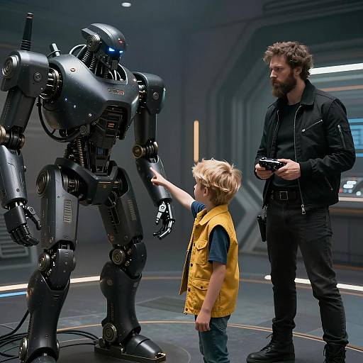 Young Boy Interacting with Robot and Man in Sci-Fi Setting