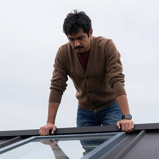 Man Standing on Roof with Skylight