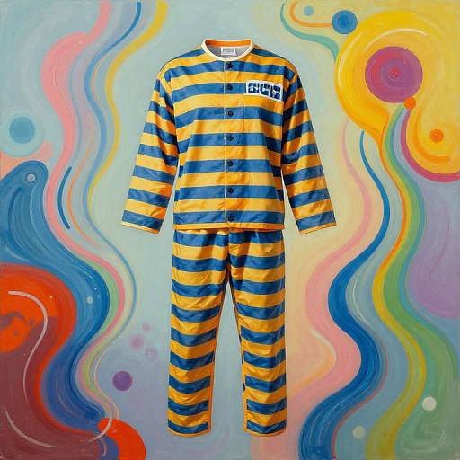 Photograph of a blue and yellow striped prison jumpsuit displayed against a vibrant, swirling abstract background with colorful patterns.