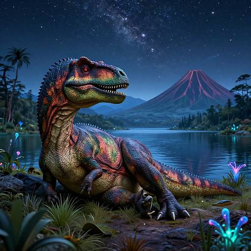 Digital artwork of a vibrant, multicolored dinosaur with glowing scales lounging by a moonlit lake, with a volcanic mountain and starry sky in