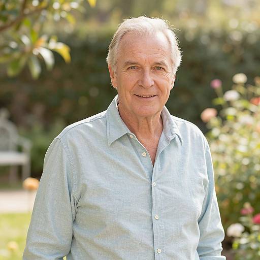 Photograph of an older white man with short gray hair, wearing a light blue button-up shirt, smiling in a sunny garden.